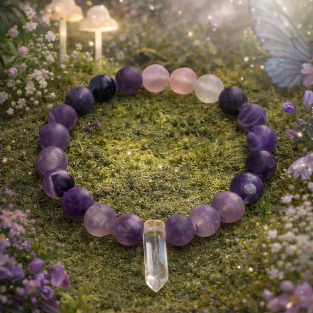 Amethyst & Rose Quartz Beaded Bracelet w/ Quartz Point Charm Frosted Stretch - Picture 3 of 4